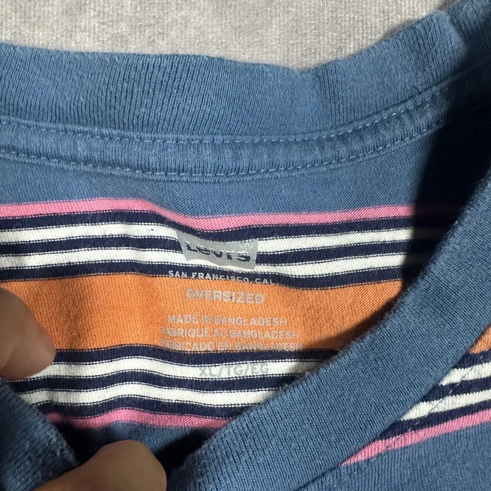 Levis Mens XL Oversized Striped T-Shirt Blue Orange Pink Crew Neck Retro Tee Y2K